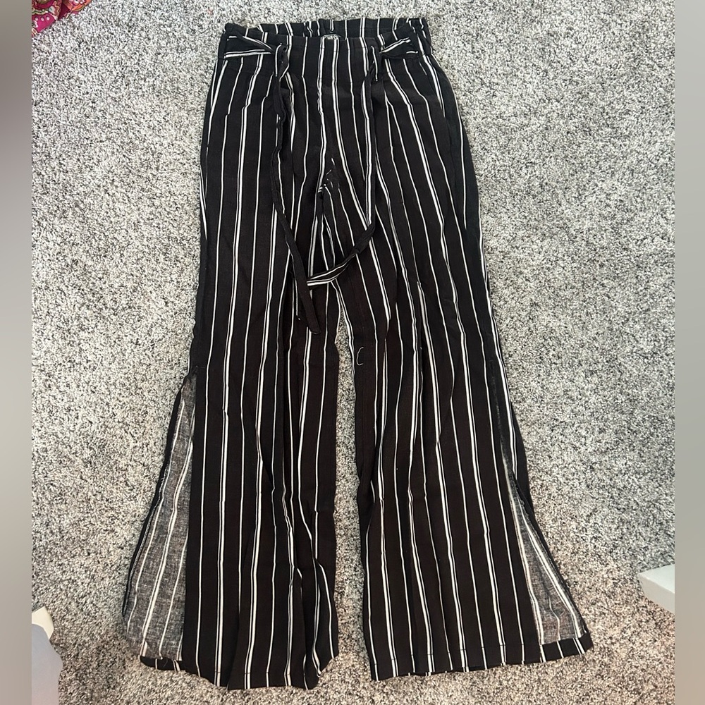 Black and White Striped Wide-Leg Women's Flowy Pants